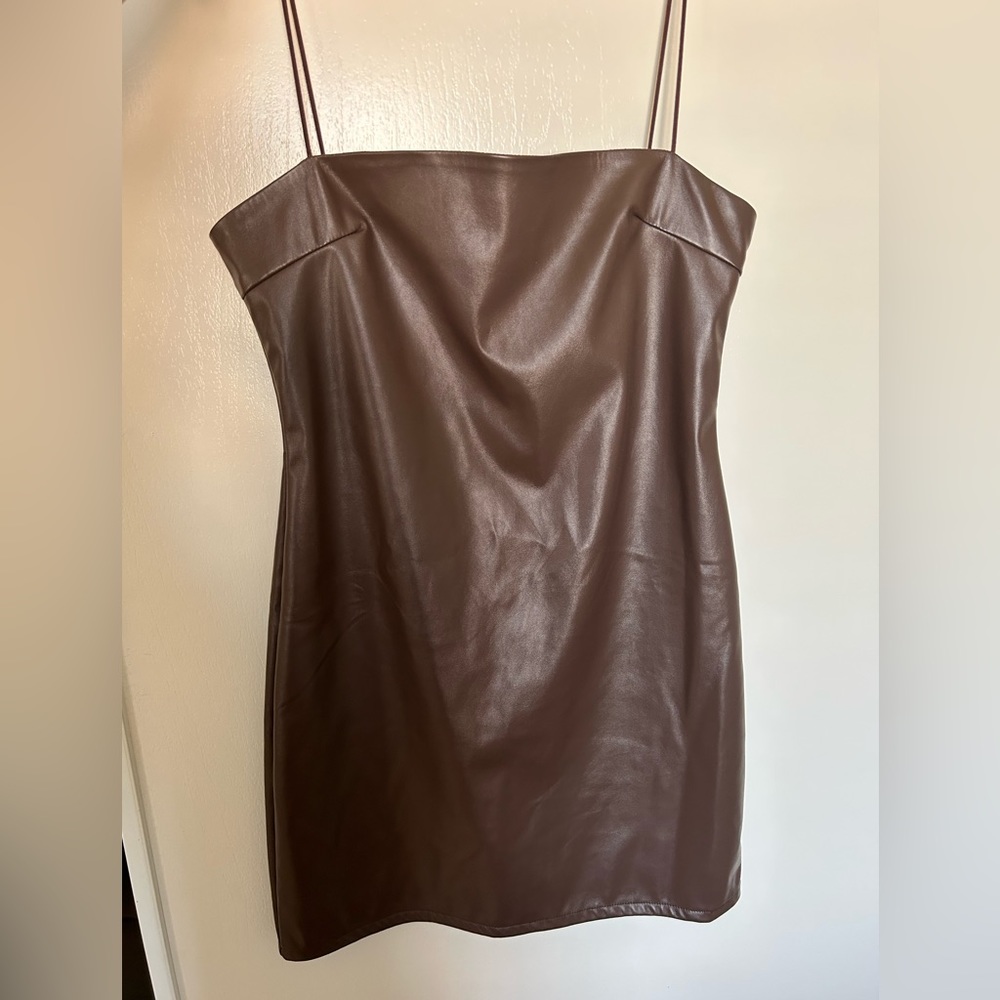 Brown leather mini tight dress